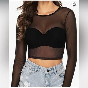 Mangopop sheer long sleeved black turtleneck crop top S